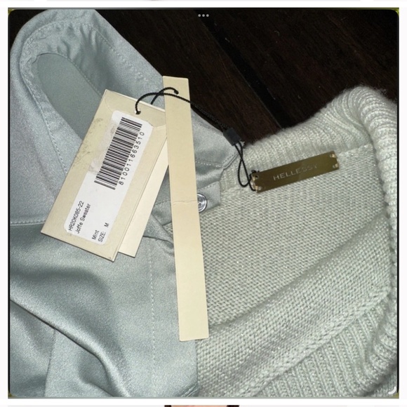 NWT SZ M Hellessy *Joffie* Mint Green Cashmere-Silk Sweater Satin Blouse Assym - Picture 3 of 6